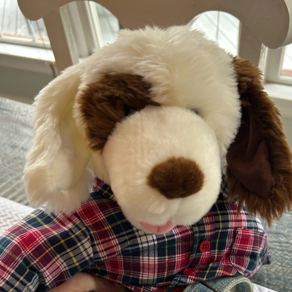 Build-A-Bear Dog Brown White Denim Overalls Plaid Shirt Ears Bend Made in USA - Picture 6 of 13